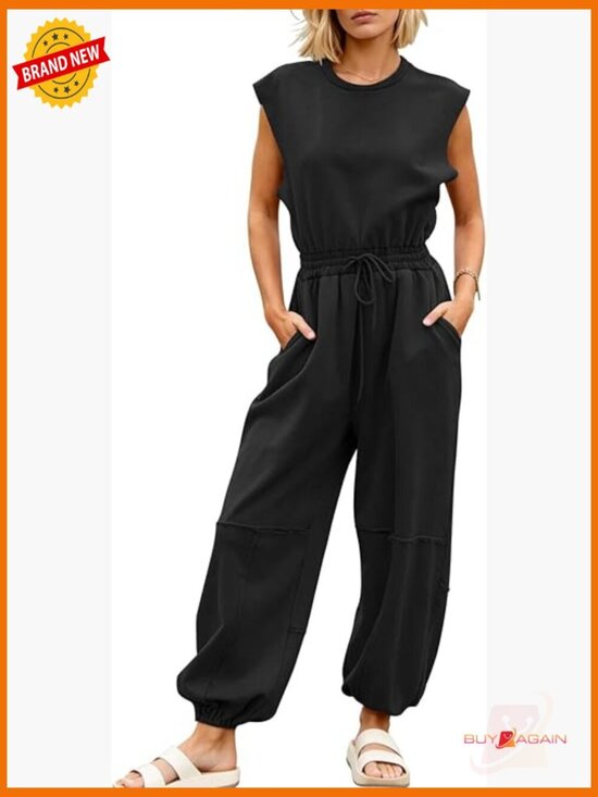 Pants - Casual Cap Sleeve Drawstring Jumpsuit Romper with Pockets